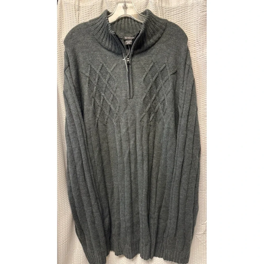 North Crest Men's Charcoal Grey Size XXLT 1/4 Zip Ribbed Cable Sweater Mock Neck